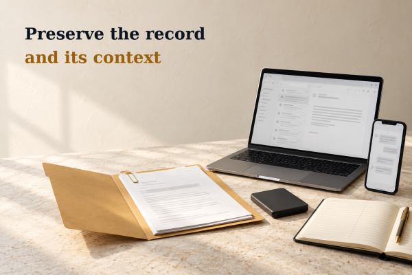 A generic email display, blank conversation thread, attached paper records, storage drive and collection log form an orderly preservation workspace; no real client records are shown.