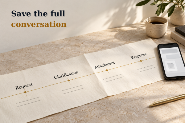One continuous physical chronology sheet shows Request, Clarification, Attachment and Response beside a generic phone thread, emphasizing surrounding conversation context.