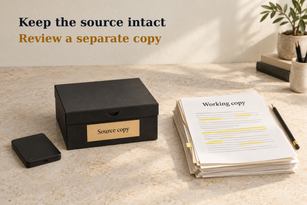 A closed archival case labelled Source copy and a separate annotated review bundle labelled Working copy illustrate preserving untouched source material and reviewing a distinct copy.
