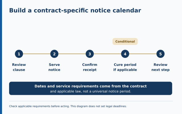 A contract-specific notice timeline with a conditional cure period and review before the next action.