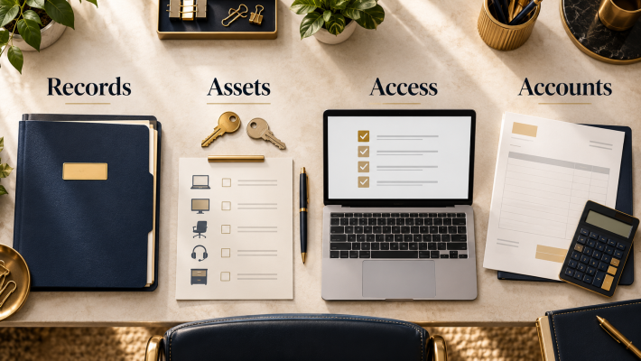 Four handover categories: records, physical assets, access permissions and financial reconciliation.